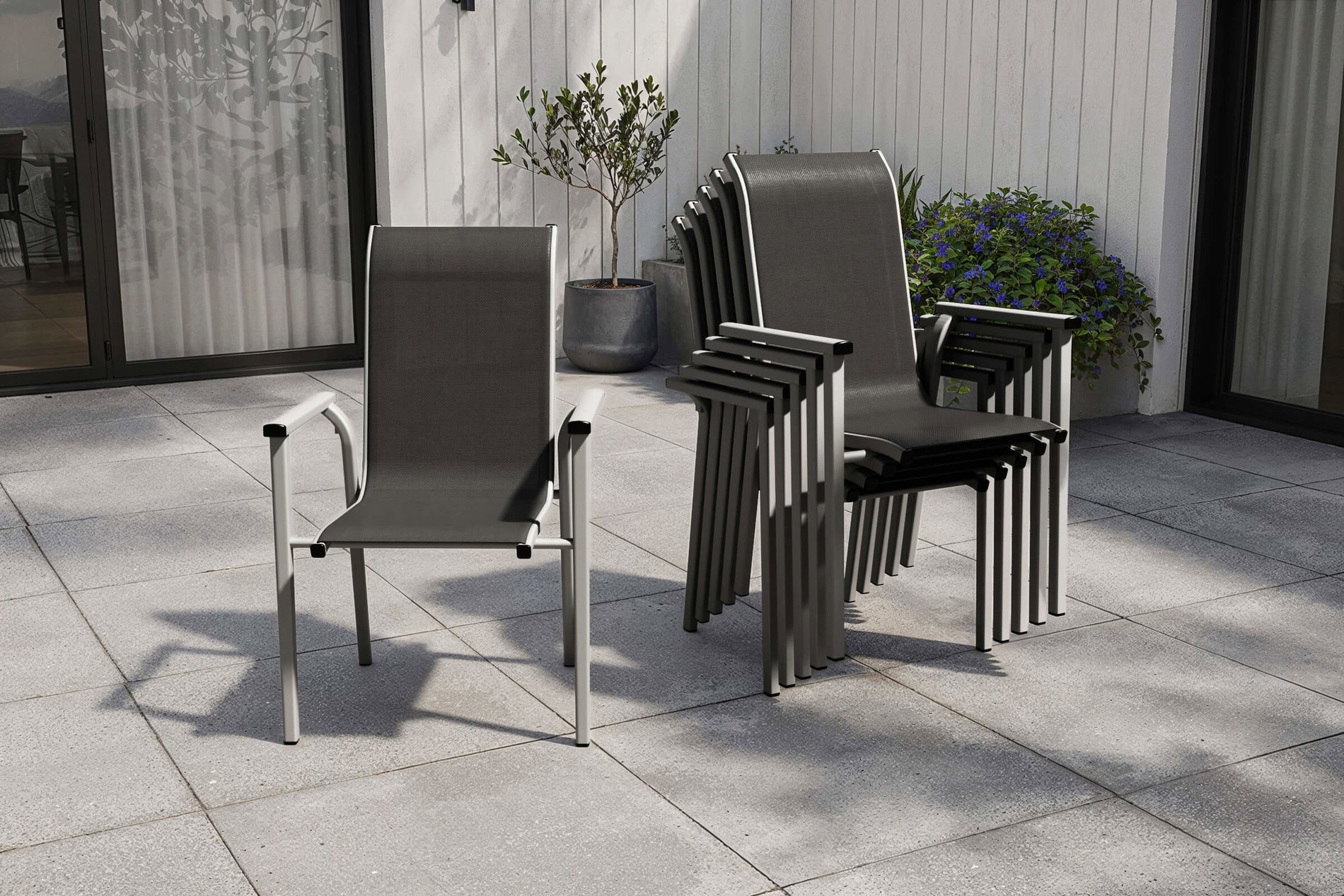 KETTLER BasicPlus Pro Stapelsessel 6er-Set, silber/anthrazit, Aluminium/Textilene, 70 x 65 x 99 cm, stapelbar