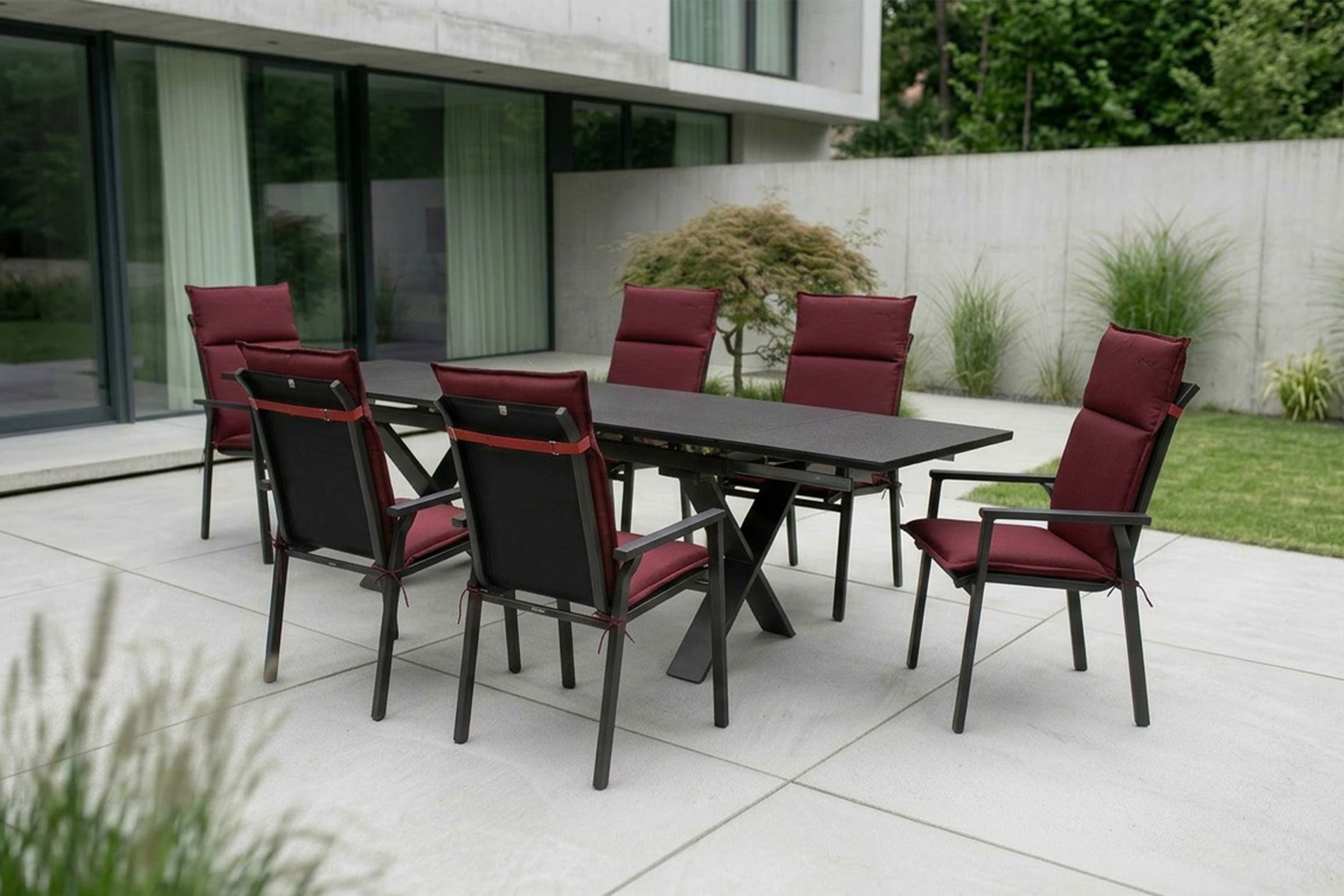 KETTLER BasicPlus Pro Garten-Essgruppe, anthrazit/bordeaux, Alu/Polyester/Spraystone, 180/280 x 100 cm, 6 Stapelsessel, Polster inklusive