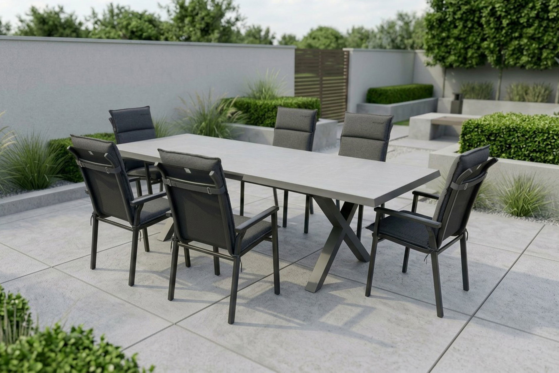 KETTLER BasicPlus Pro Garten-Essgruppe, anthrazit/schwarz, Aluminium/Steinimitat/Polyester, 200/260 x 100 cm, 6 Stapelsessel, inkl Auflagen