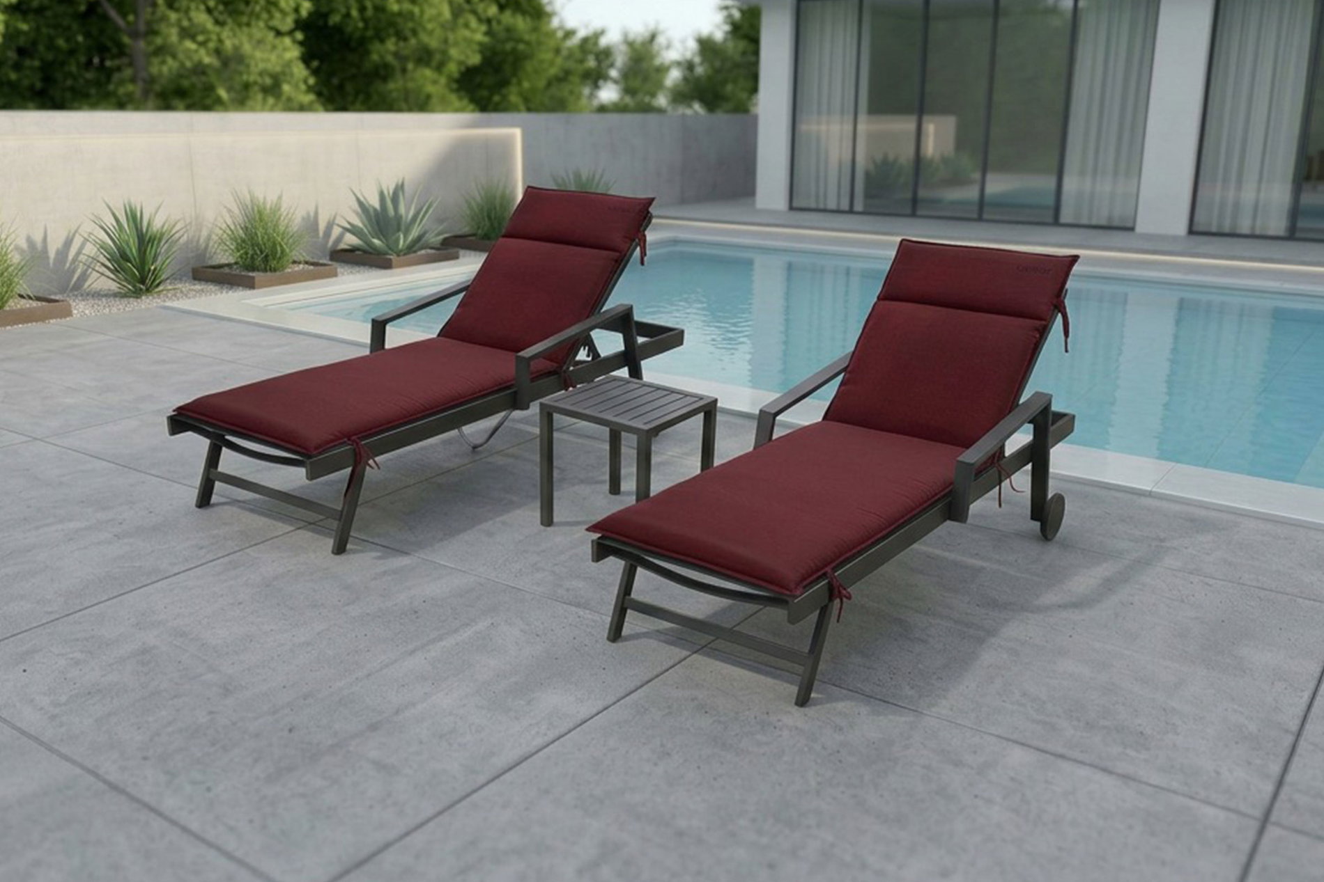 OUTFLEXX Liegen-Set, anthrazit/bordeaux, Aluminium/Textilene/Polyester, Tisch 40 x 40 cm, 2 Auflagen, mit Rollen, Rückenlehne verstellbar
