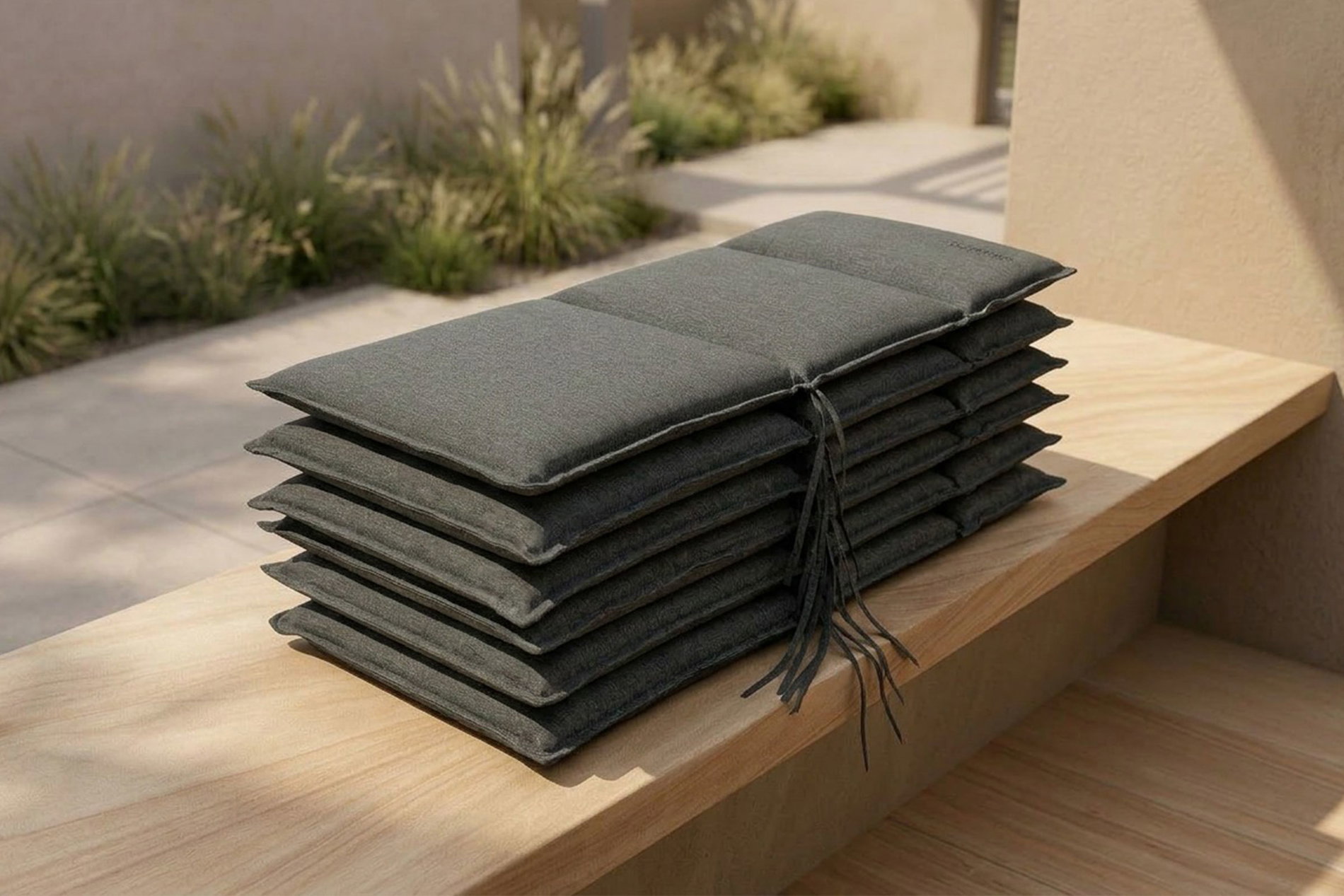 OUTFLEXX Select 6er-Set Sitzkissen für Niederlehner, anthrazit, recyceltes Polyester, hautsympathisch, mit Rückengurt und Bindekordeln
