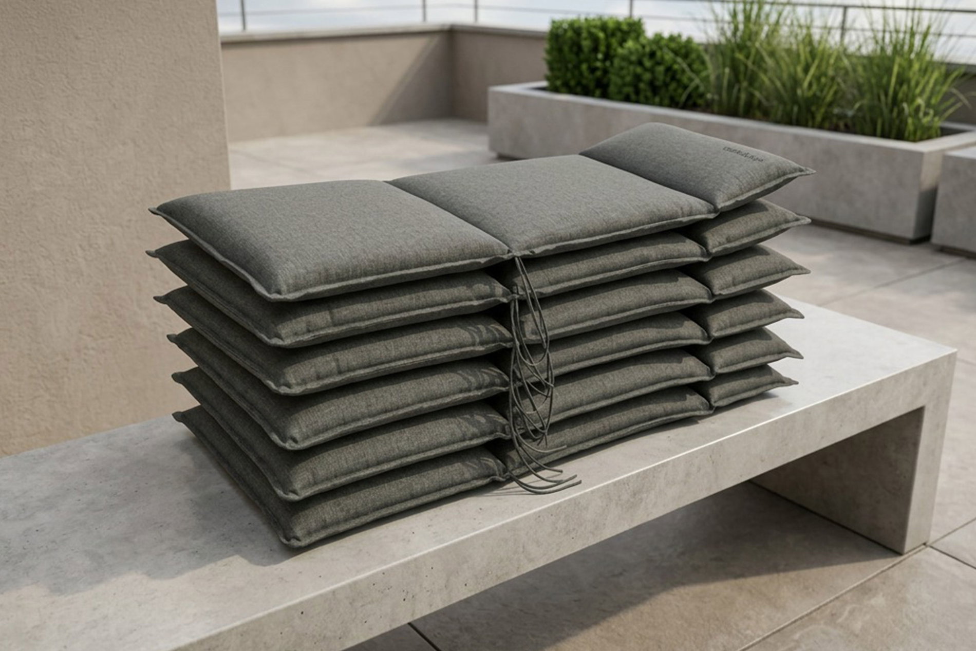 OUTFLEXX Select 6er-Set Sitzkissen für Hochlehner, anthrazit, recyceltes Polyester, hautsympathisch, mit Rückengurt und Bindekordeln