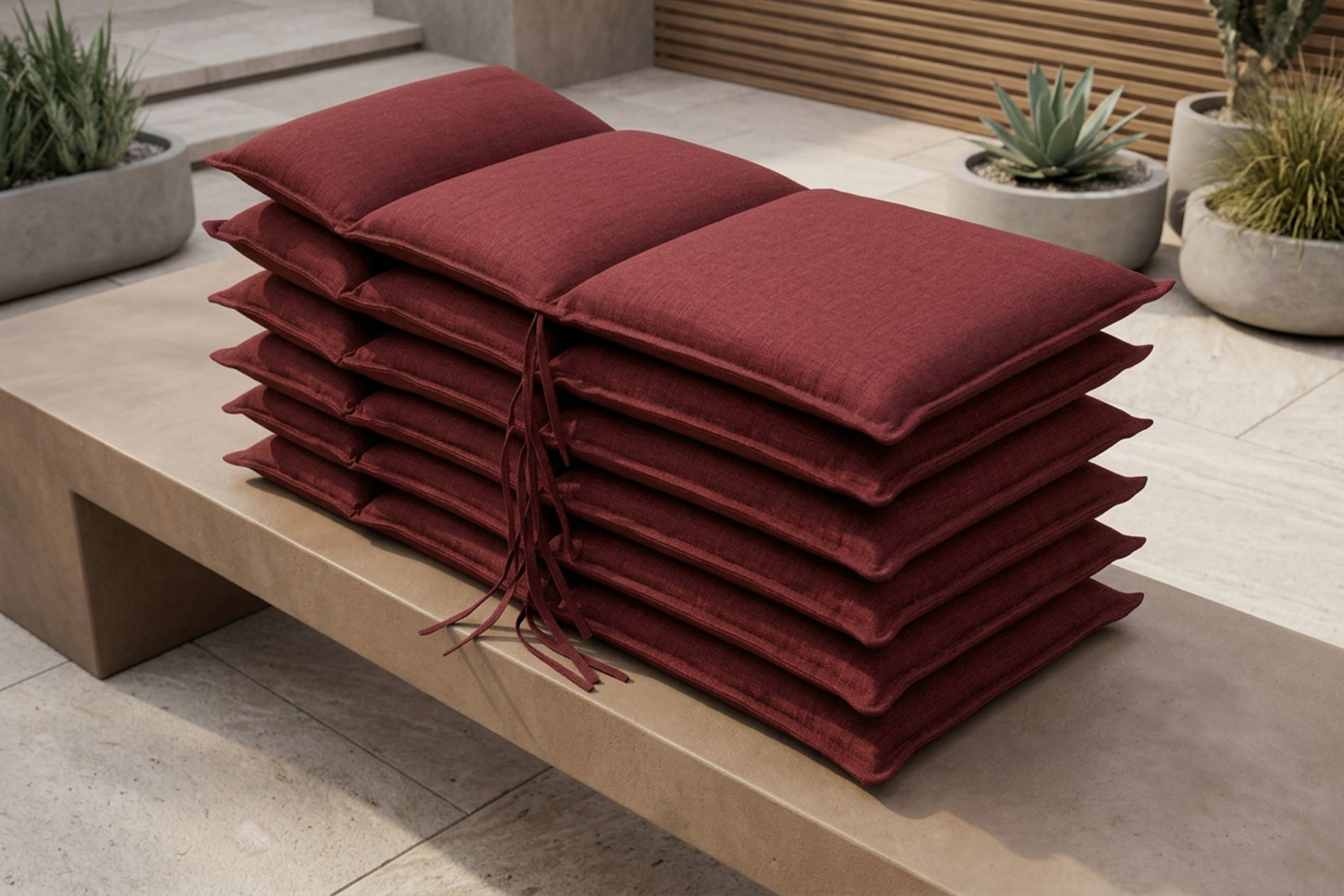 OUTFLEXX Select 6er-Set Sitzkissen für Niederlehner, bordeaux, recyceltes Polyester, hautsympathisch, mit Rückengurt und Bindekordeln
