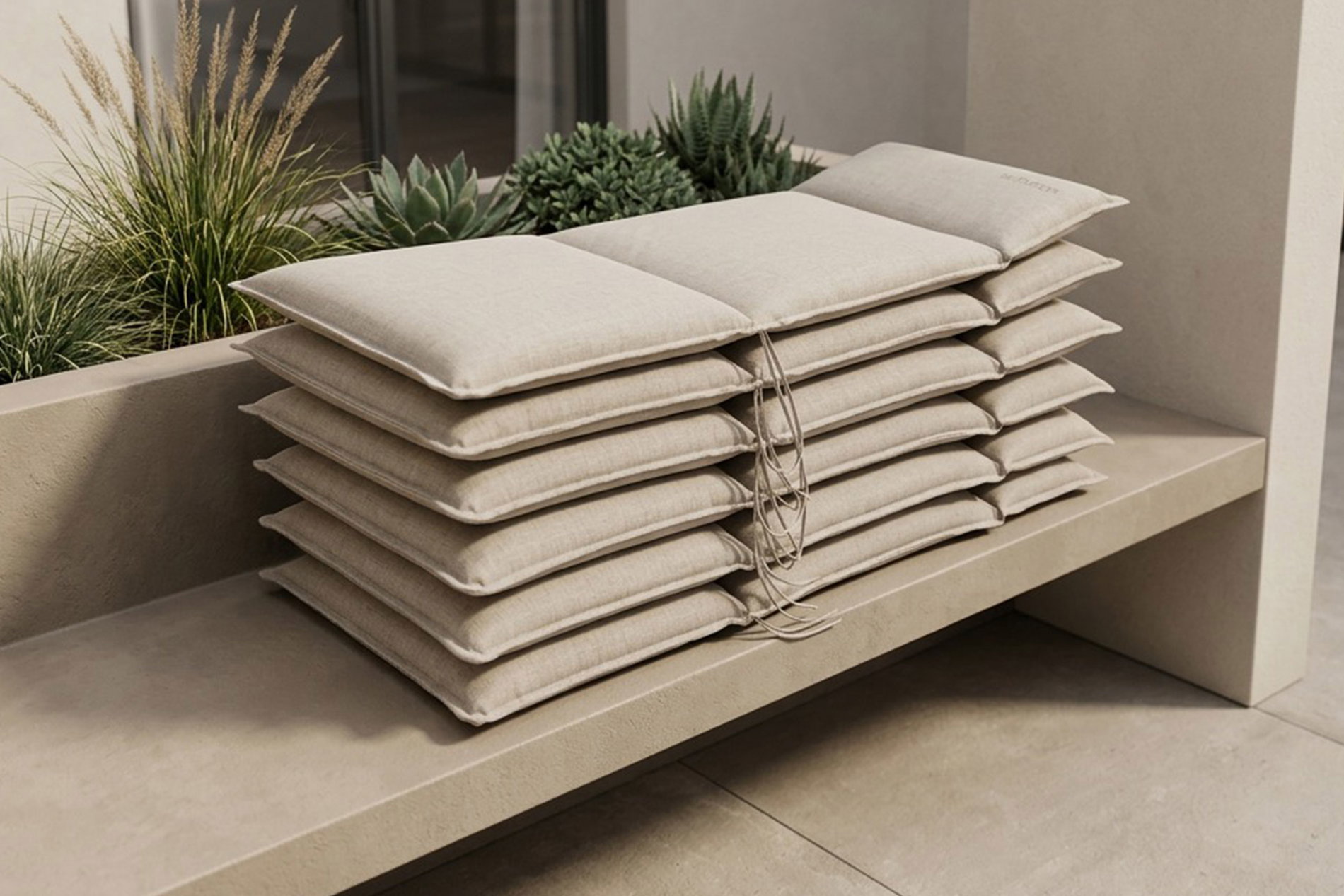 OUTFLEXX Select 6er-Set Sitzkissen für Hochlehner, nature, recyceltes Polyester, hautsympathisch, mit Rückengurt und Bindekordeln