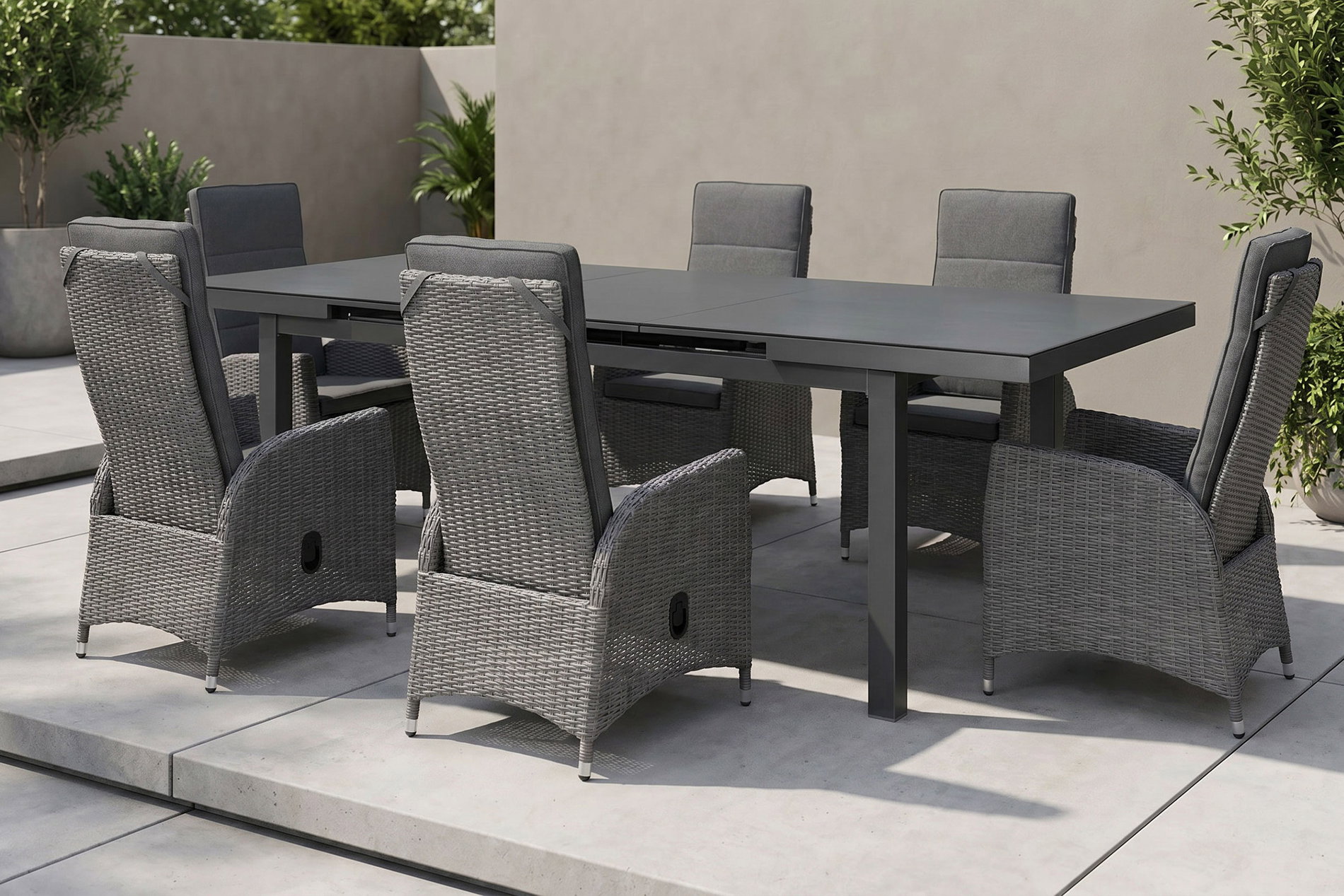 OUTFLEXX Vigo Garten-Essgruppe, anthrazit/grau, Aluminium/Glas/Polyrattan, Tisch 180/240 x 100 cm, ausziehbar, verstellbar