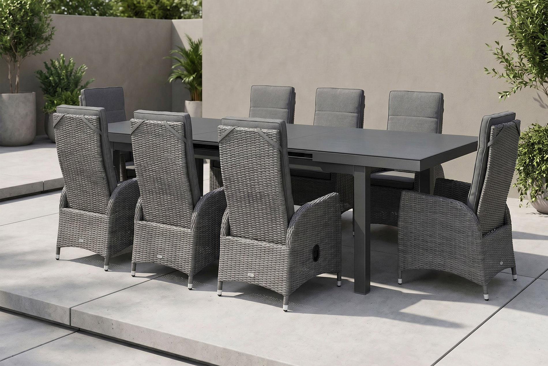 OUTFLEXX Vigo Garten-Essgruppe, anthrazit/grau, Polyrattan/Aluminium/Glas, 180/240 x 100 cm, 8 verstellbare Sessel