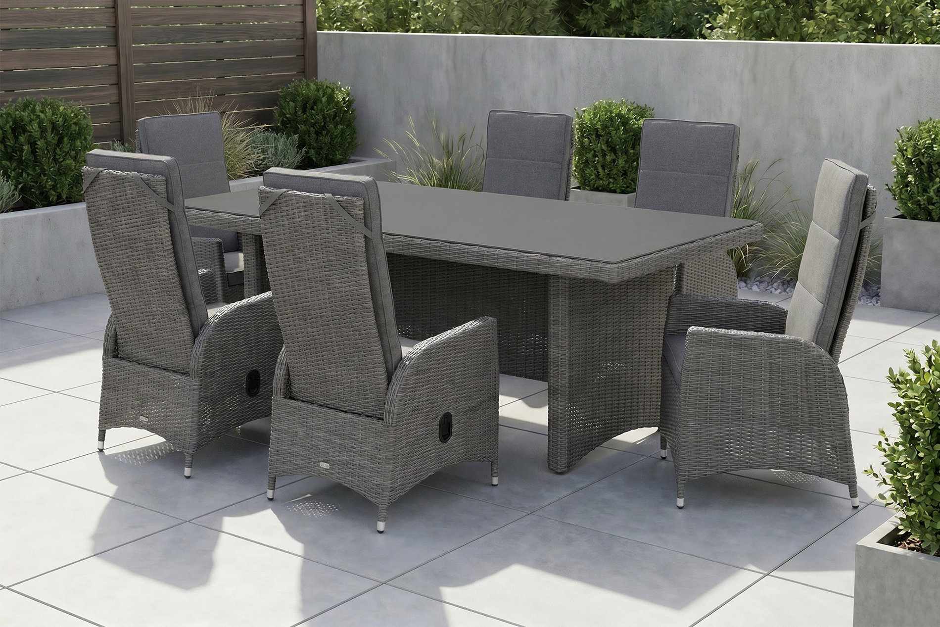 OUTFLEXX Vigo Garten-Essgruppe, grau/schiefergrau, Aluminium/Polyrattan/Glas, 200 x 95 cm, 6 verstellbare Sessel