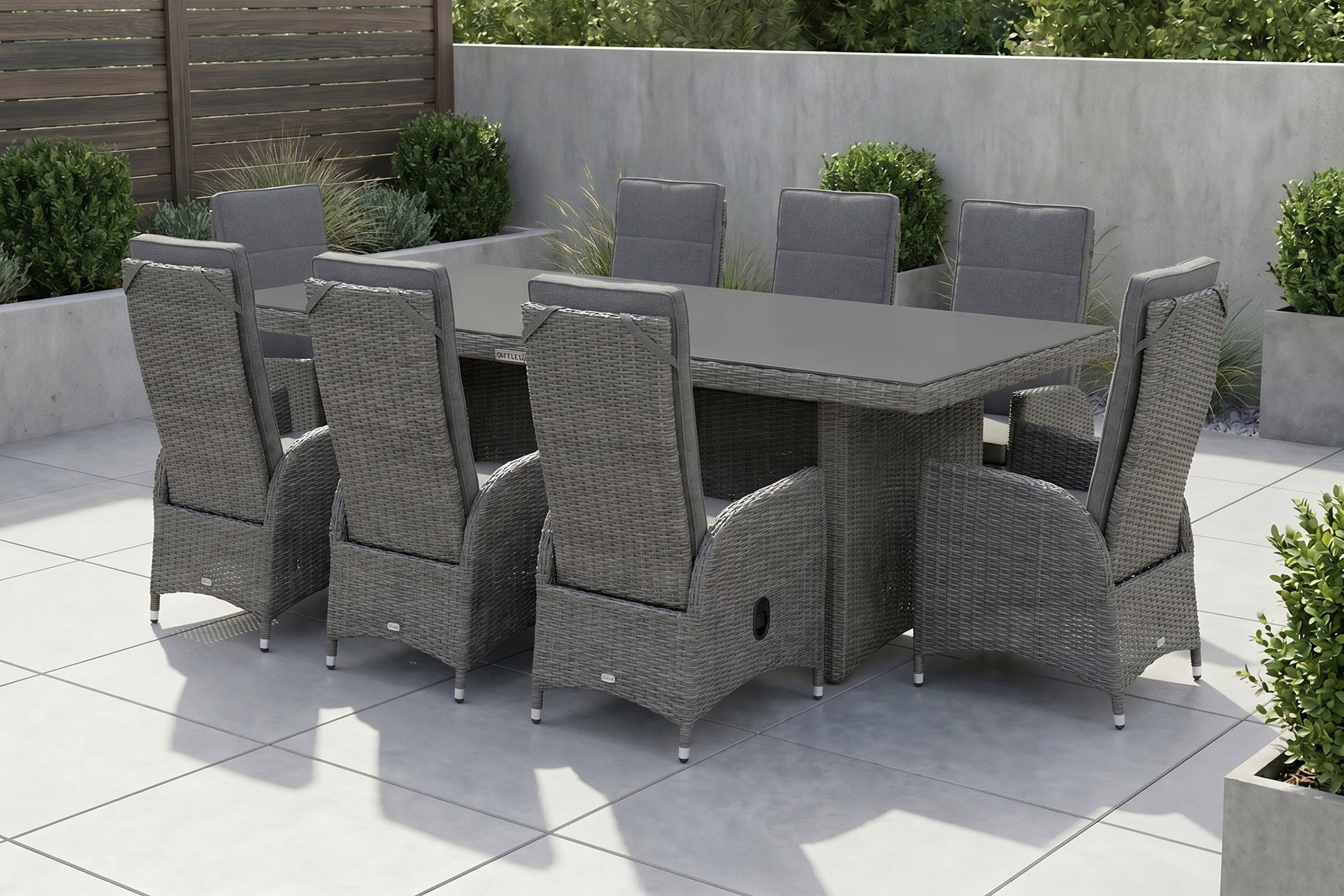 OUTFLEXX Vigo Garten-Essgruppe, grau/schiefergrau, Aluminium/Polyrattan/Glas, 200 x 95 cm, 8 Sessel, verstellbare Rückenlehne