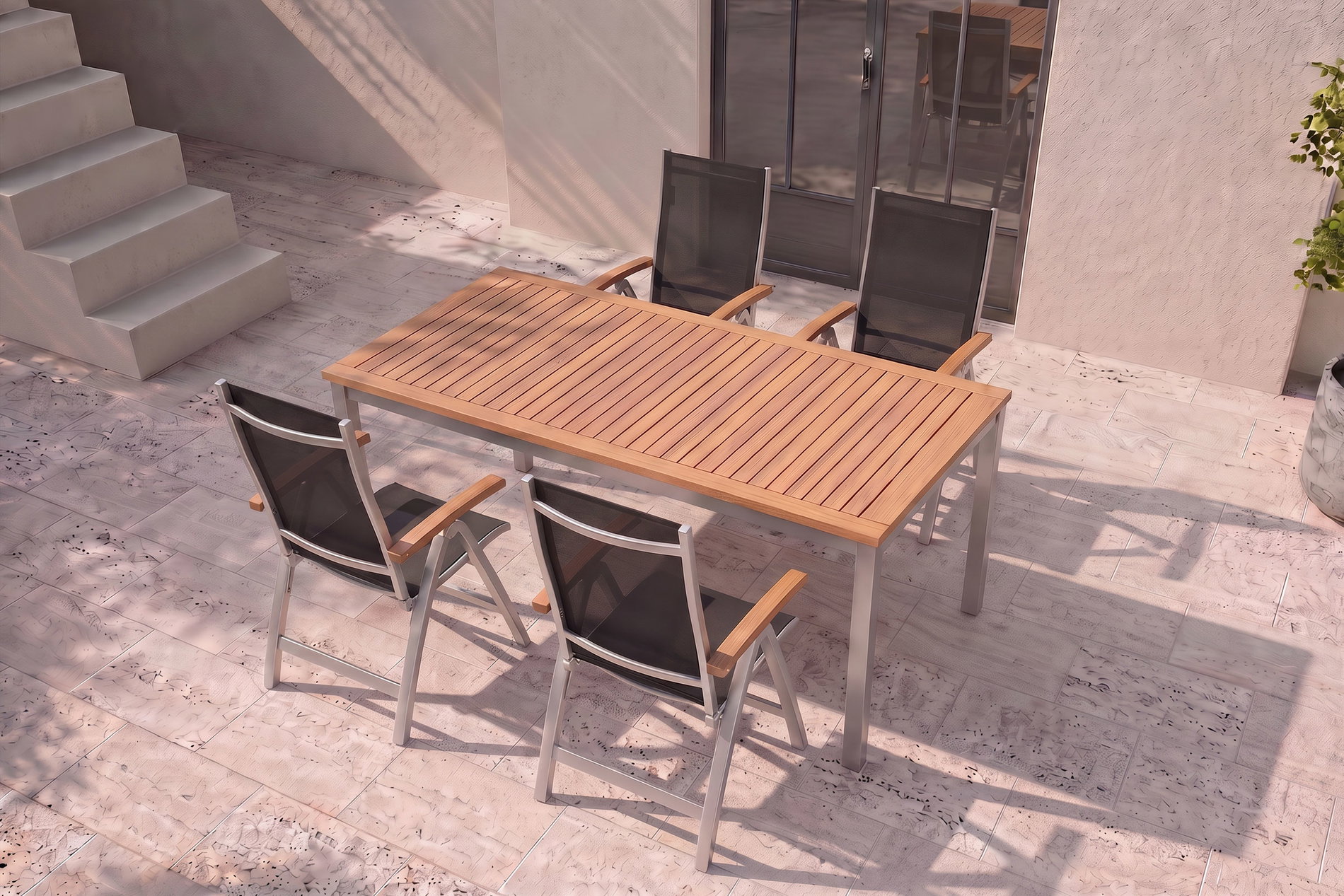 VILLANA Tasmania Garten-Essgruppe, silber, Alu / Eukalyptus / Textilene, Tisch 180 x 90 cm, 4 Klappstühle, FSC®-zertifiziertes Produkt VILLANA Tasmania Garten-Essgruppe, silber, Alu / Eukalyptus / Textilene, Tisch 180 x 90 cm, 4 Klappstühle, FSC®-zertifiziertes Produkt