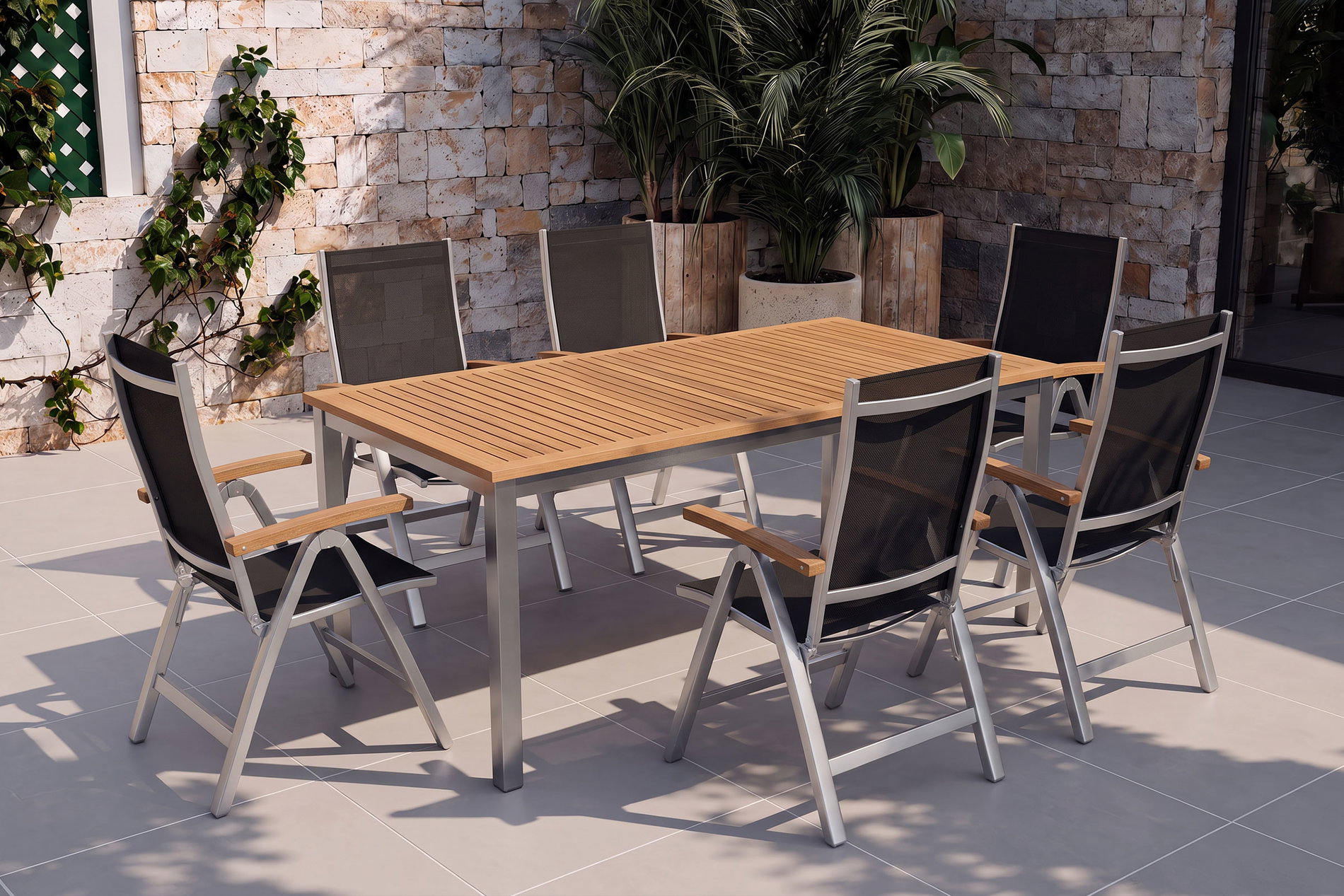 VILLANA Tasmania Garten-Essgruppe mit 6 Klappstühlen, silber, Alu / Eukalyptus / Textilene, Tisch 180 x 90 cm, FSC®-zertifiziertes Produkt VILLANA Tasmania Garten-Essgruppe mit 6 Klappstühlen, silber, Alu / Eukalyptus / Textilene, Tisch 180 x 90 cm, FSC®-zertifiziertes Produkt